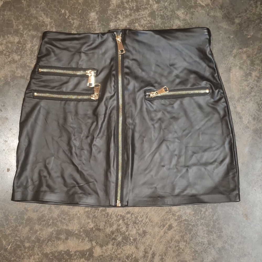High-Shine Black Faux Leather Mini Skirt with Gold Zipper Details